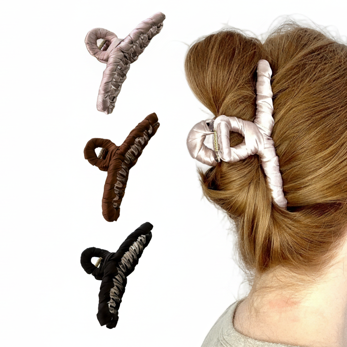 rose Haarklammer in rotem Haar 
links daneben rose, braune und schwarze Haarklammer abgebildet
